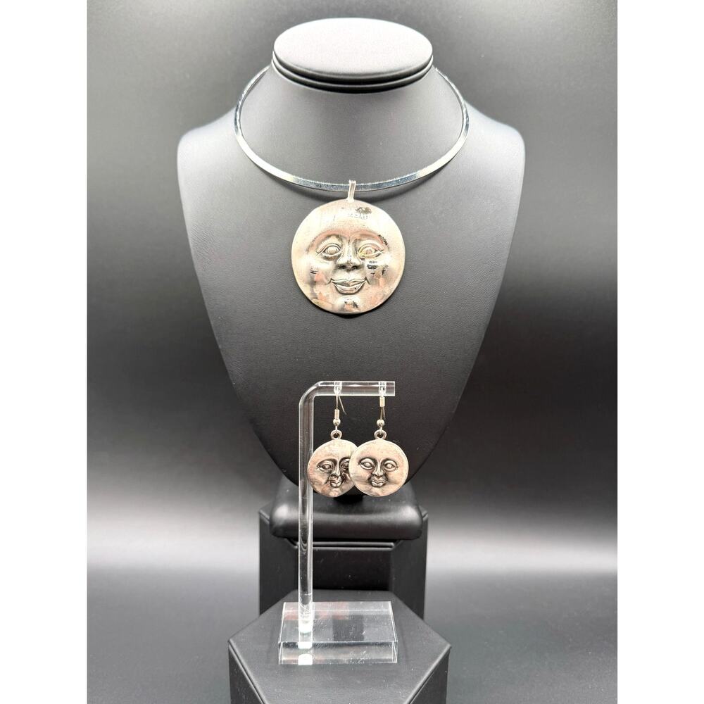 Vintage Sterling Moon Face Pendant Necklace & Earring Set
